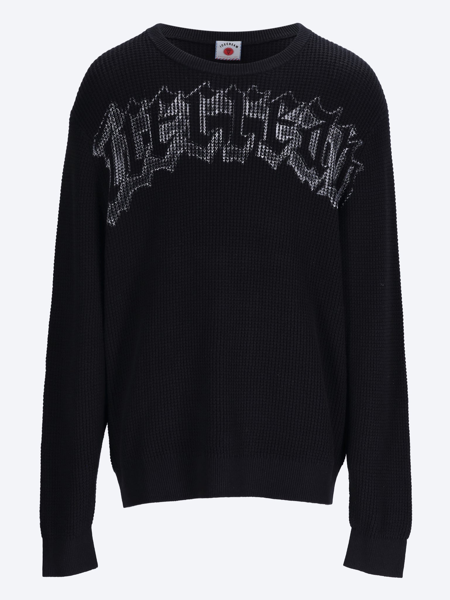 Waffelstrickpullover mit Rundhalsausschnitt und Gothic-Print 1
