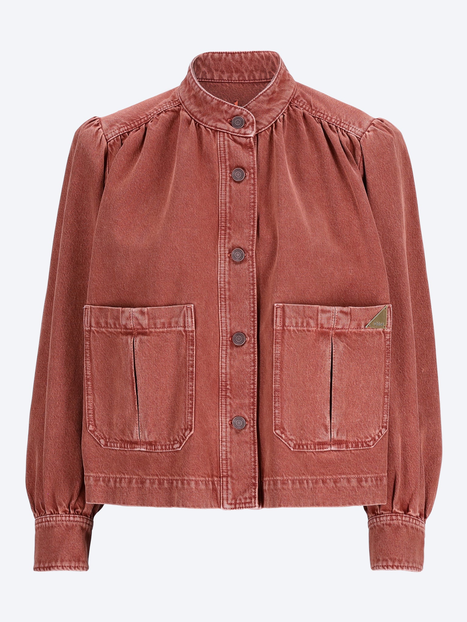 Hochgeschlossene, geraffte Jeansjacke 1
