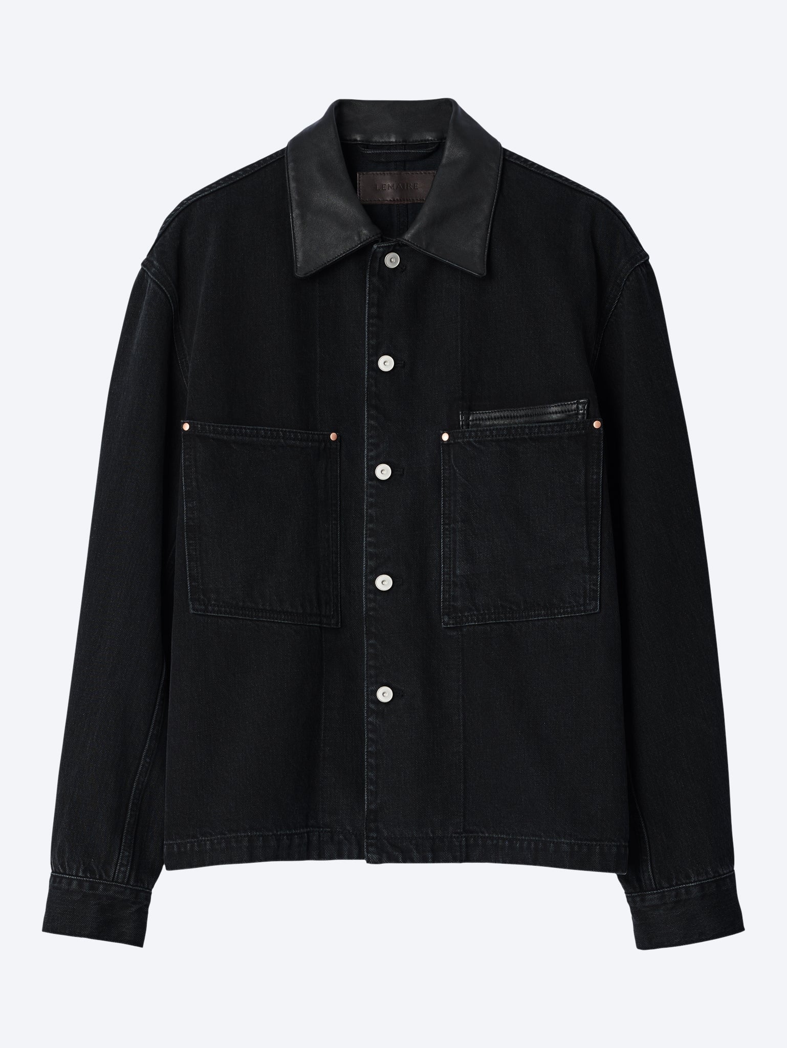 Workwear overshirt with leather collar 1
