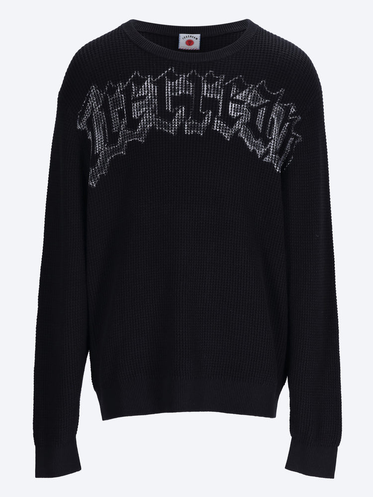 Waffelstrickpullover mit Rundhalsausschnitt und Gothic-Print 1