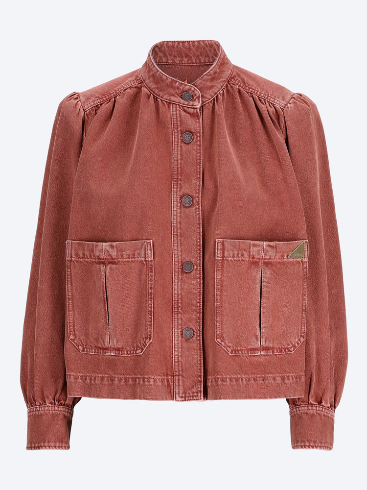 Hochgeschlossene, geraffte Jeansjacke 1