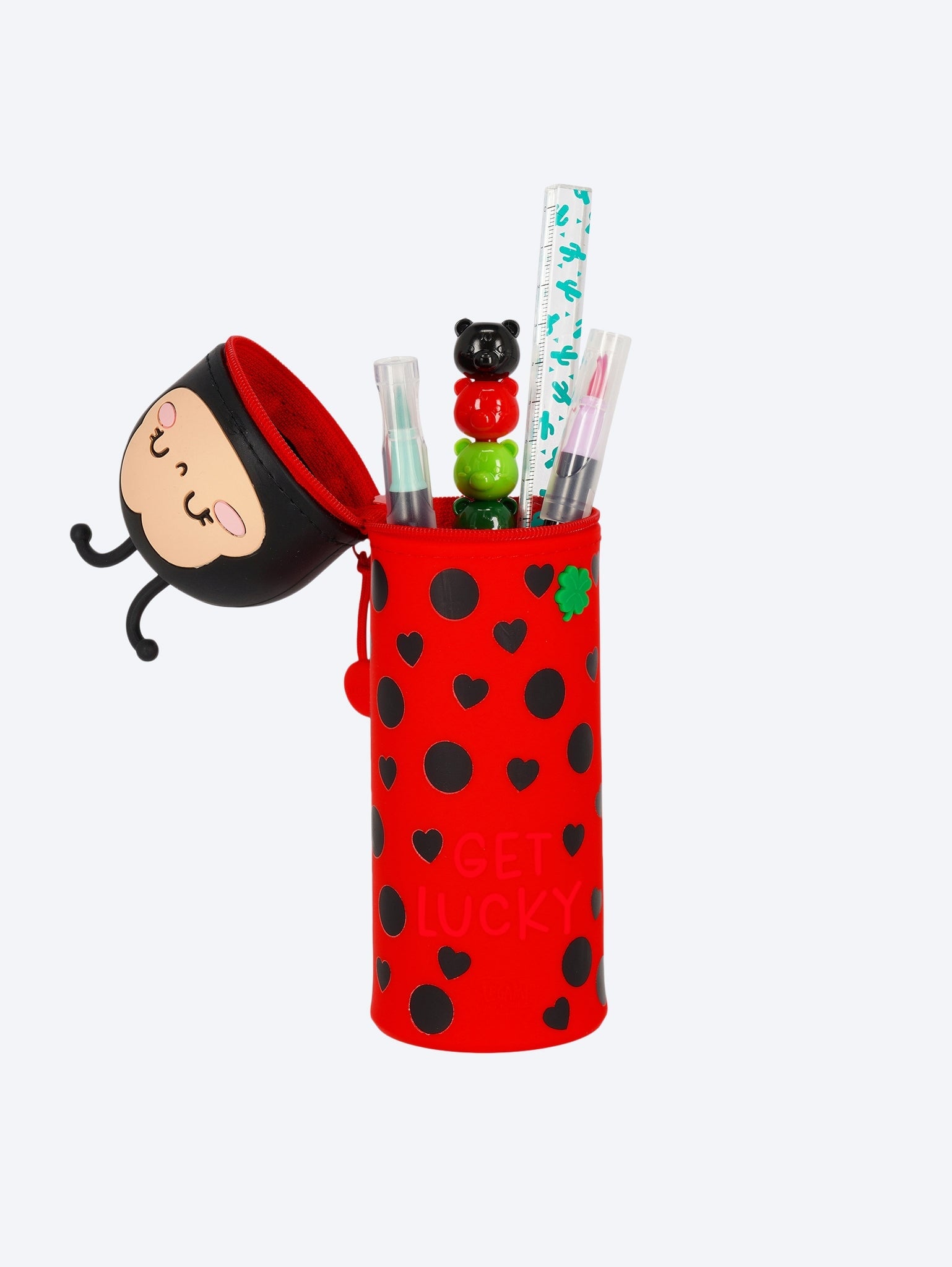 Marienkäfer „Get Lucky“ 2-in-1 Silikon-Federmäppchen – Kawaii 2