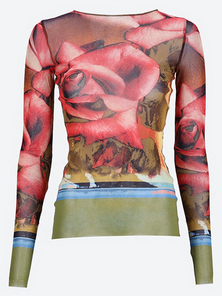 Printed roses mesh long sleeves top