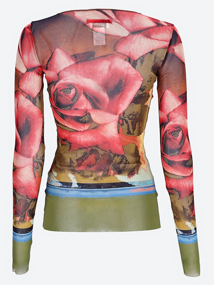 Printed roses mesh long sleeves top 3