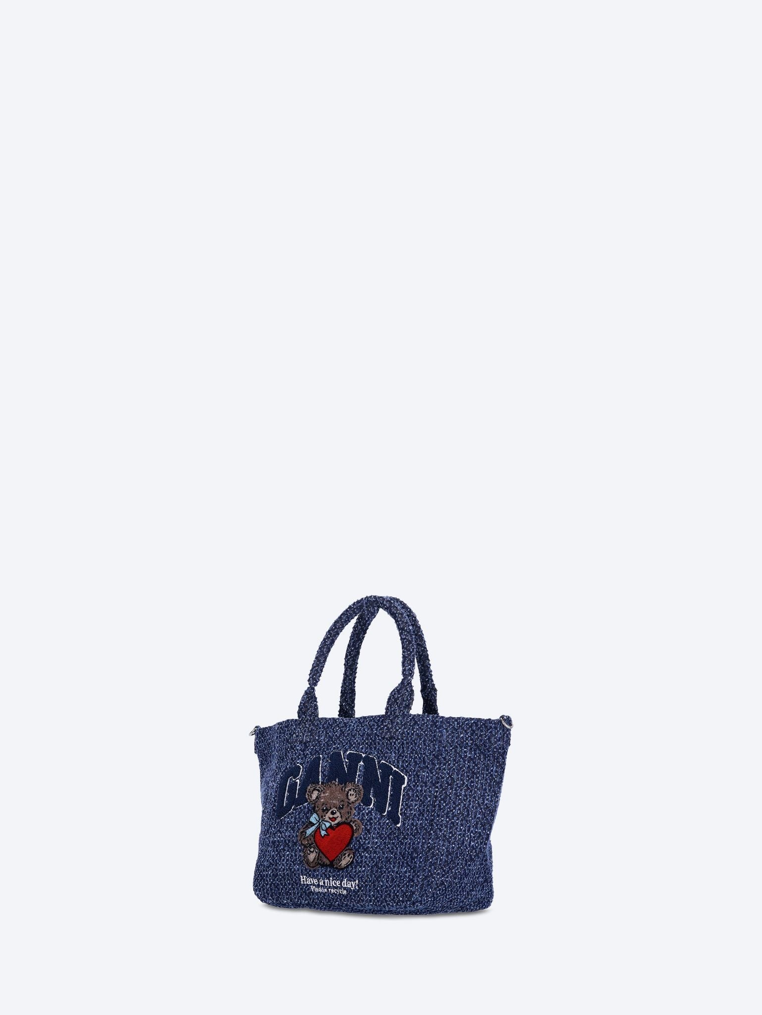 Small trapeze bear tweed denim tote bag 2