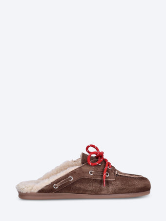 Suede boat loafer mules fur