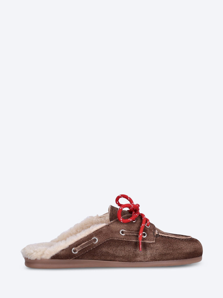 Suede boat loafer mules fur 1