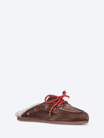 Suede boat loafer mules fur