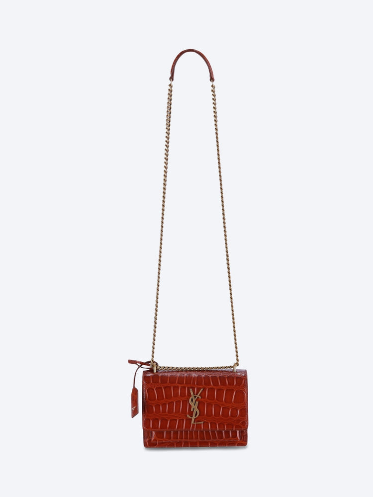 Sac porté épaule Sunset small en cuir embossé crocodile 1