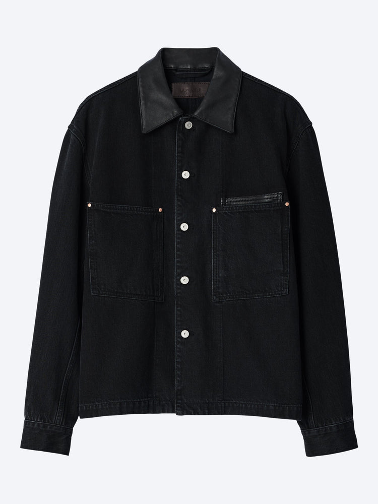 Workwear overshirt with leather collar 1